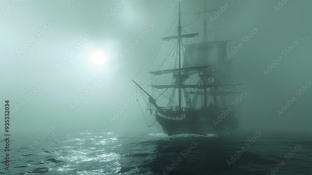 Ghostly Ship Sailing Through Eerie Fog Shrouded Sea Ghostly Ship Sailing Through Eerie Fog Shrouded Sea