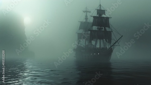 Ghostly Ship Sailing Through Eerie Fog Shrouded Sea with Haunting Glow