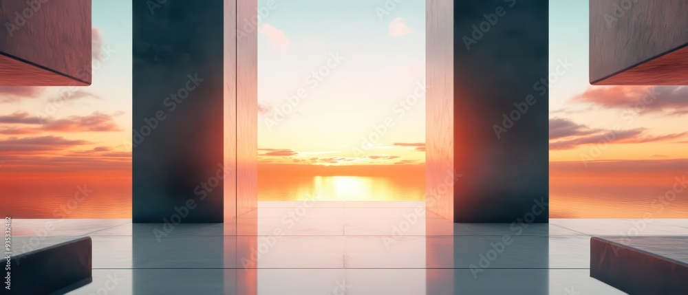 A stunning view of a sunset framed by modern architecture, creating a tranquil and surreal atmosphere over calm waters. A stunning view of a sunset framed by modern architecture, creating a tranquil and surreal atmosphere over calm waters.
