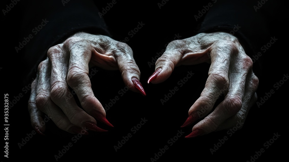 Bony pale hands of sexy woman vampire with sharp bloody red nails in the black background,Scary white pale finger,Halloween Witch fingers,selected focus,Zombie hand,horror and scary concept. Bony pale hands of sexy woman vampire with sharp bloody red nails in the black background,Scary white pale finger,Halloween Witch fingers,selected focus,Zombie hand,horror and scary concept.