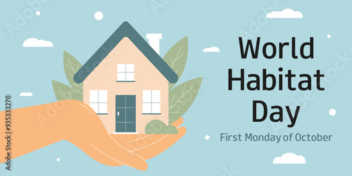 Hand holding house. World Habitat Day. First Monday of October. Horizontal banner, greeting card, presentation. 