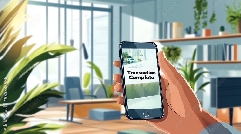 Digital illustration of a hand holding a smartphone with text Digital illustration of a hand holding a smartphone with text