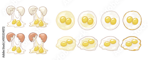 Illustration of double yolk eggs and poached eggs of different degrees of doneness