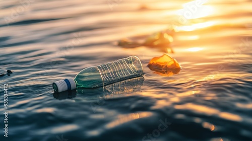 A plastic bottle floats on the surface of the water at sunset, with golden sunlight reflecting off the waves, symbolizing environmental pollution.
