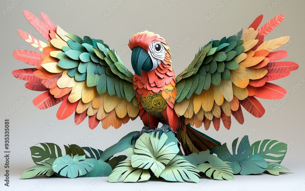 Fototapeta premium 3D paper model of a parrot with pastel red green a 0067 bird, parrot, macaw, animal, red, tropical, beak, colorful, nature, green, feather, blue, ara, zoo, feathers, wild, yellow, wildlife, parrots, e