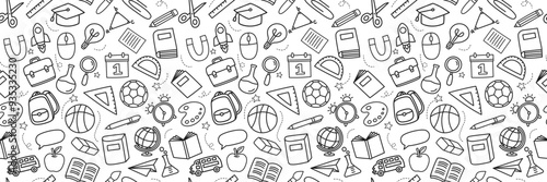 Back to school seamless pattern doodle style background. Education hand drawn objects and symbols with thin line.