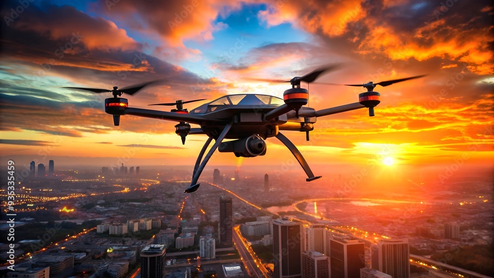 Drone's Eye View: A high-tech drone captures a breathtaking sunset over a sprawling metropolis, showcasing the fusion of technology and urban beauty. Drone's Eye View: A high-tech drone captures a breathtaking sunset over a sprawling metropolis, showcasing the fusion of technology and urban beauty.