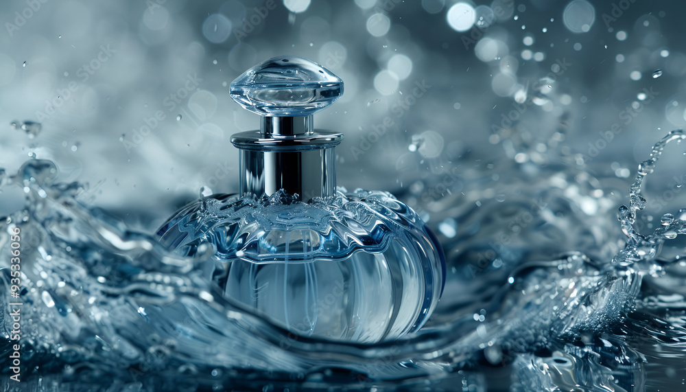 Luxury perfume surrounded by water waves Luxury perfume surrounded by water waves