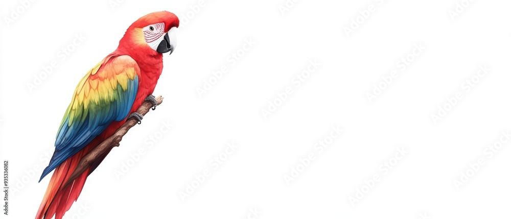 Fototapeta premium A vibrant scarlet macaw perched on a branch, showcasing its stunning plumage against a clean white background.