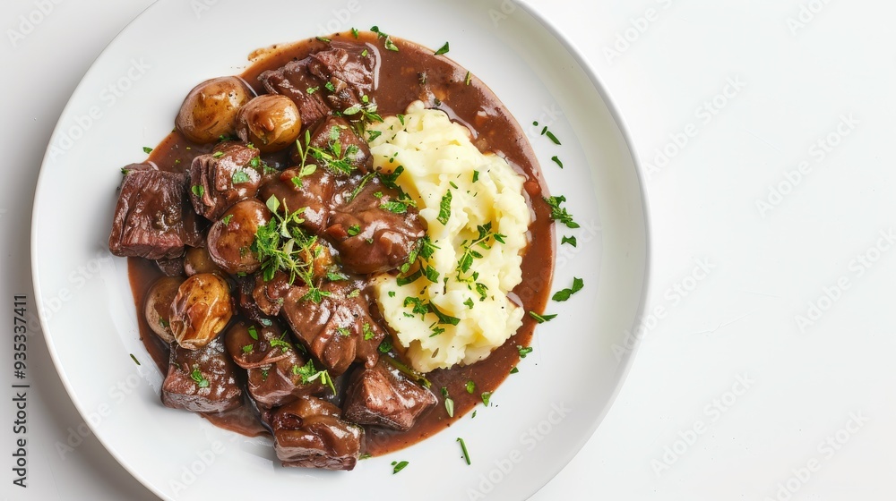 A plate of meat and mashed potatoes with parsley on top A plate of meat and mashed potatoes with parsley on top