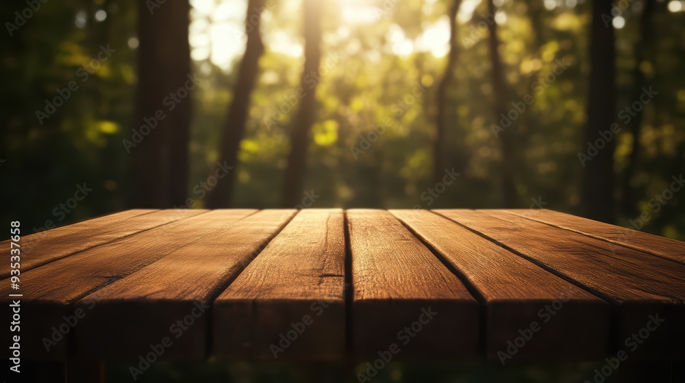 Beautiful wooden table in a serene forest, ideal for showcasing rustic themes and natural elements in photography. Beautiful wooden table in a serene forest, ideal for showcasing rustic themes and natural elements in photography.