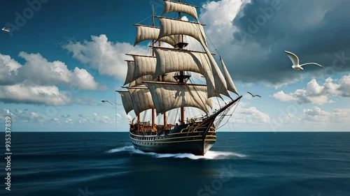 Video footage of  large, traditional sailing ship with multiple masts and fully unfurled sails navigating through the calm ocean