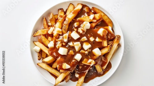 A plate of french fries with gravy and cheese on top