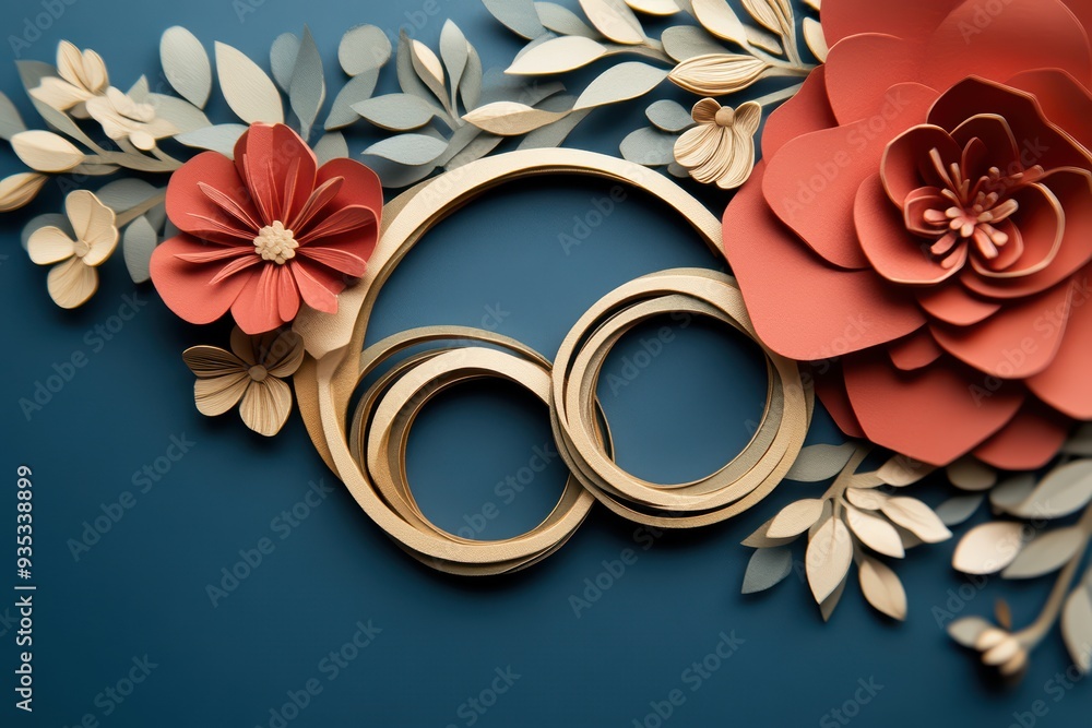 Elegant composition of paper flowers and wedding rings, perfect for evoking romance and celebration in design projects. Elegant composition of paper flowers and wedding rings, perfect for evoking romance and celebration in design projects.