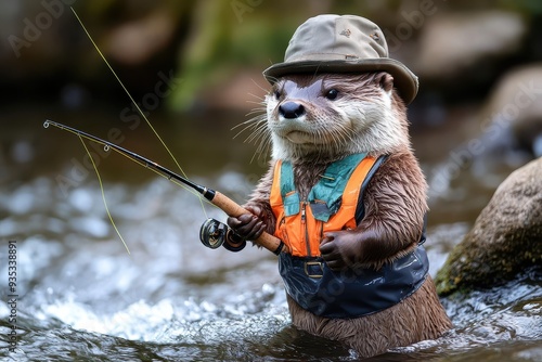 Fisherman Otter: An otter in a fishing vest and hat, holding a fishing rod next to a river. photo