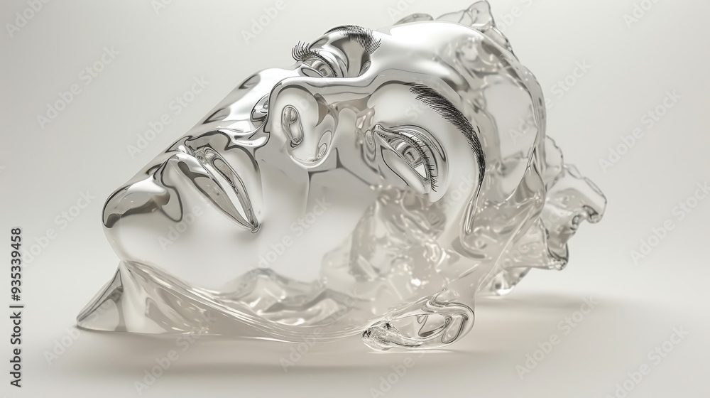 A silver face is reflected in a glass surface A silver face is reflected in a glass surface