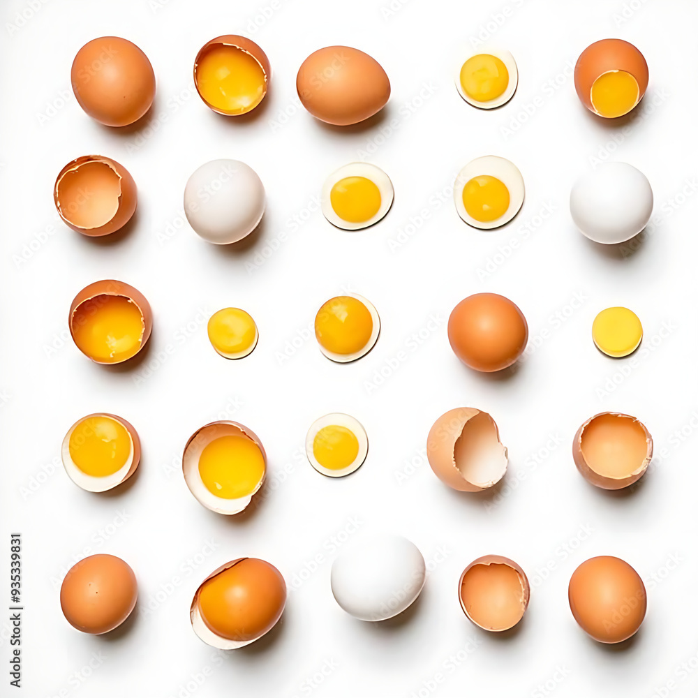Broken chicken egg on white background, top view Broken chicken egg on white background, top view