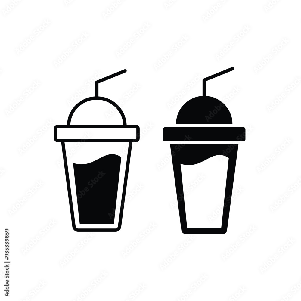 Coffee cup black and white flat vector icon design. Iced coffee in plastic cup symbol and clip art Coffee cup black and white flat vector icon design. Iced coffee in plastic cup symbol and clip art