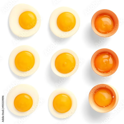 Broken chicken egg on white background, top view