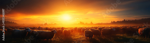 Wallpaper Mural A herd of sheep are grazing in a field at sunset. The sky is orange and the sun is setting Torontodigital.ca