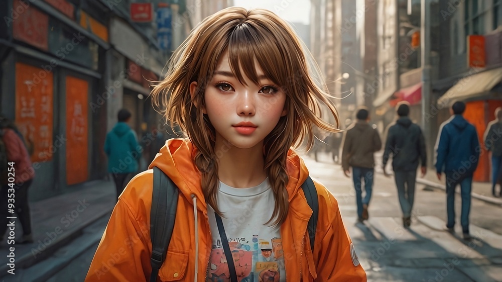 Anime style vector illustration of young asian woman stands in vibrant city scape. Anime style vector illustration of young asian woman stands in vibrant city scape.