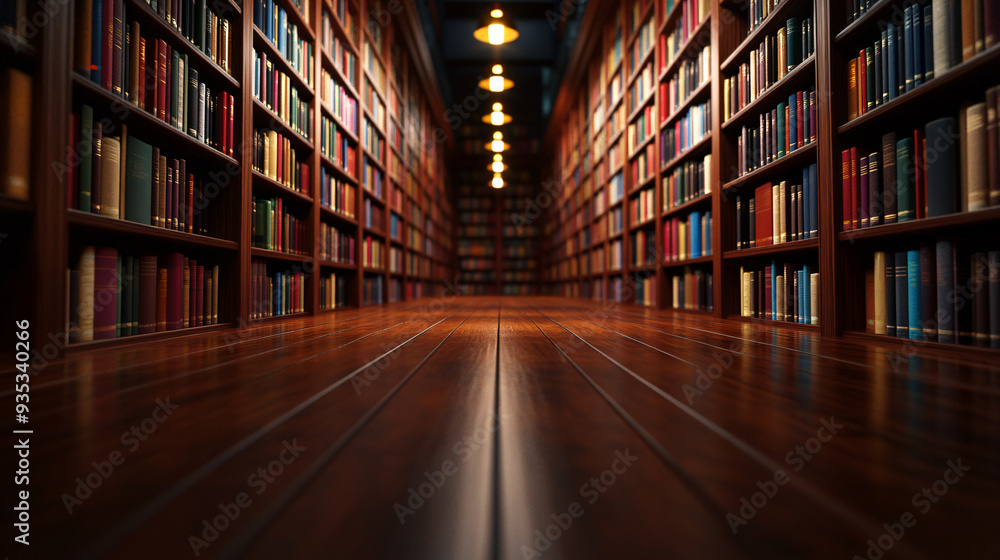 A library with many bookshelves and a long aisle of books. The books are of different sizes and colors. The library appears to be very large and well-stocked A library with many bookshelves and a long aisle of books. The books are of different sizes and colors. The library appears to be very large and well-stocked