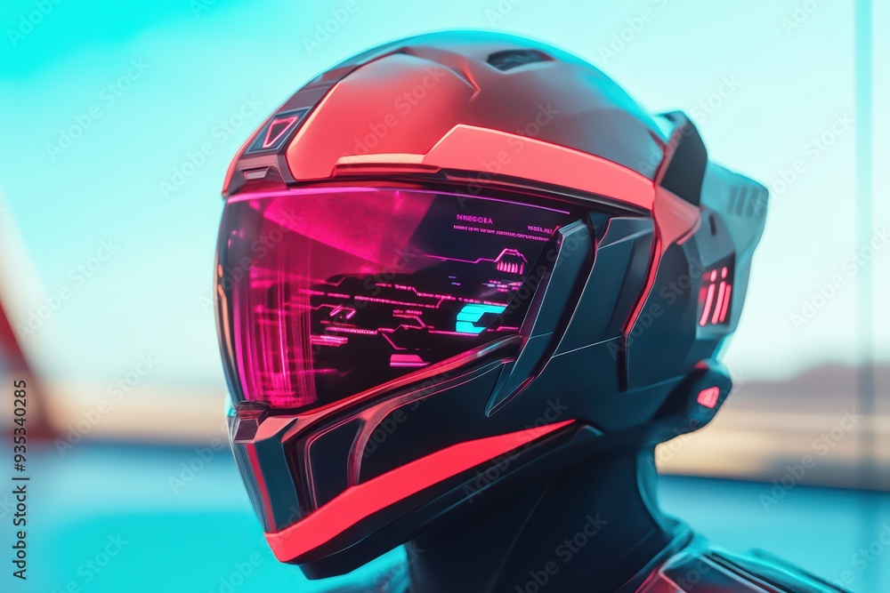 Fototapeta premium Futuristic helmet design with vibrant colors and advanced technology, ideal for sci-fi and gaming themes.