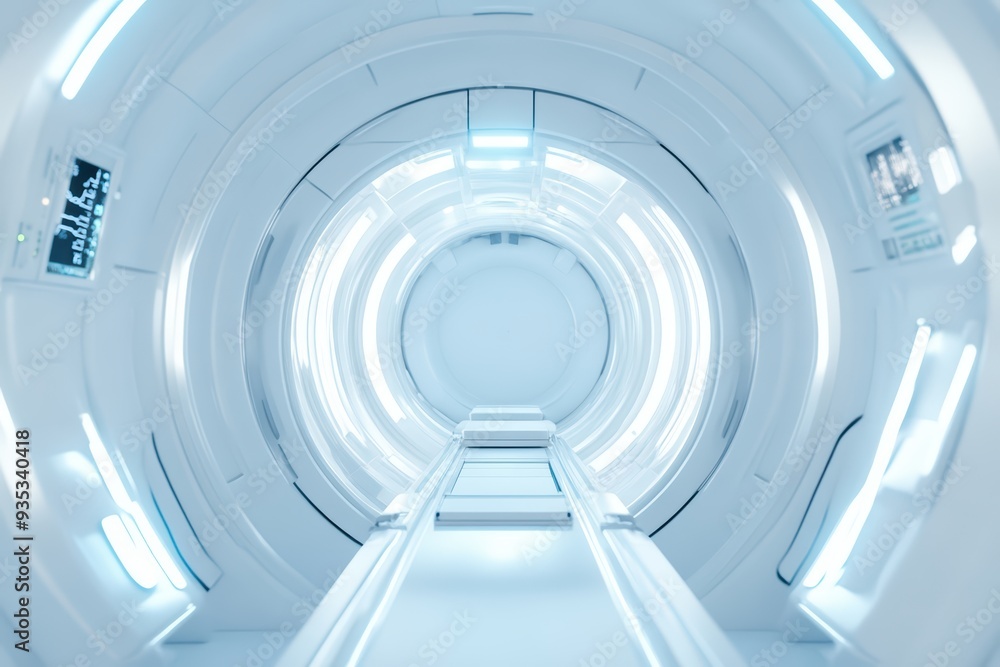 Fototapeta premium Futuristic interior of a sleek, illuminated corridor, featuring advanced technology and a clean, minimalist design.