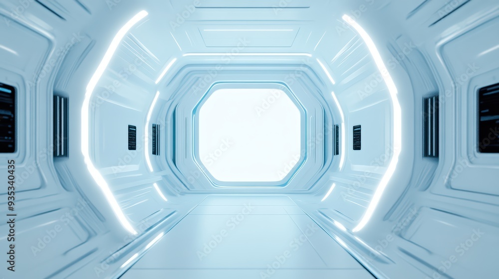 Obraz premium Futuristic interior of a spaceship corridor with sleek lines and bright lighting, ideal for sci-fi and technology themes.