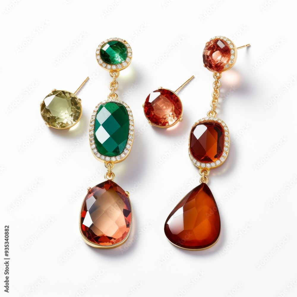 Elegant Gold Earrings with Colorful Gemstones on White Background, Luxury Jewelry Photograph for Fashion Magazines, E-commerce, and Retail Promotions. Elegant Gold Earrings with Colorful Gemstones on White Background, Luxury Jewelry Photograph for Fashion Magazines, E-commerce, and Retail Promotions.