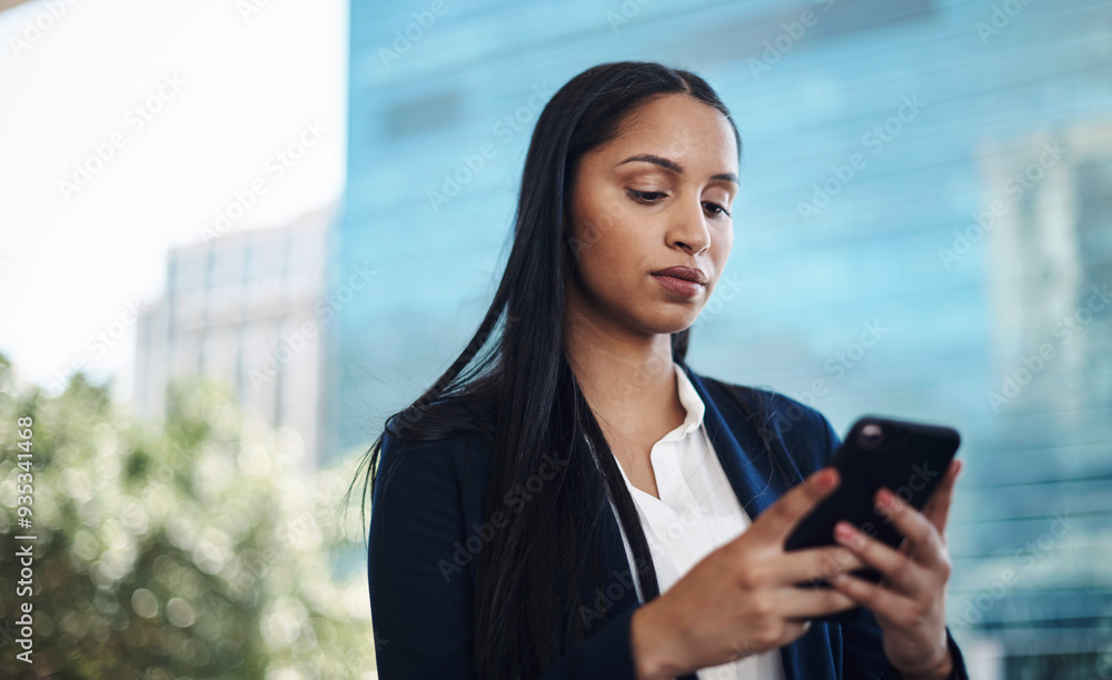 Woman, smartphone and scroll in city for business, networking and notification for directions. Technology, corporate female person and online app in street for connectivity, walking or travel to work Woman, smartphone and scroll in city for business, networking and notification for directions. Technology, corporate female person and online app in street for connectivity, walking or travel to work