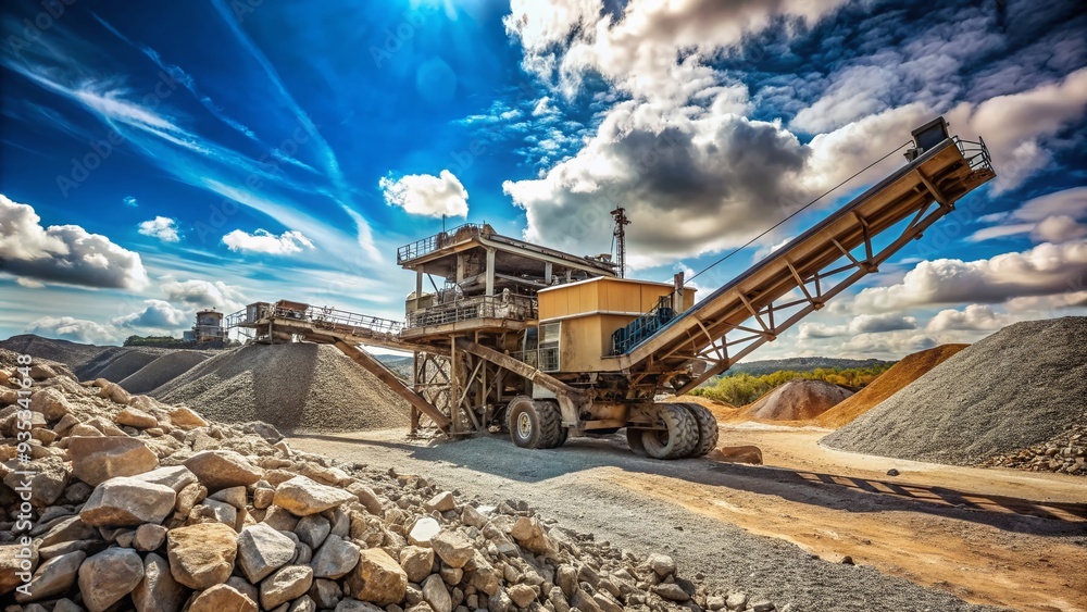 Fototapeta premium A large industrial stone crusher machine is shown at a quarry, surrounded by piles of gravel and rocks, under a blue sky with clouds.