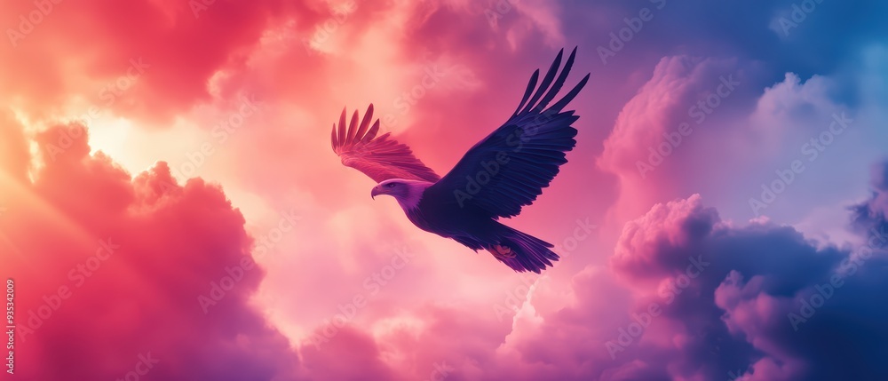 Fototapeta premium Majestic bird soaring through vibrant clouds at sunset, showcasing freedom and beauty in the natural sky.