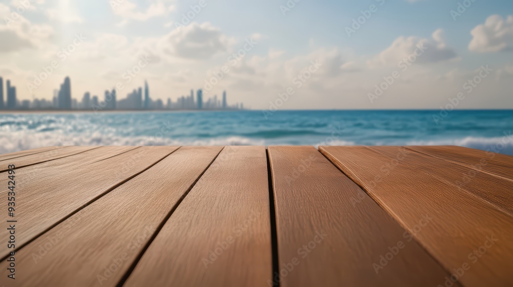 Fototapeta premium Serene seascape view with a wooden deck in the foreground, offering a tranquil escape by the ocean and skyline in the distance.