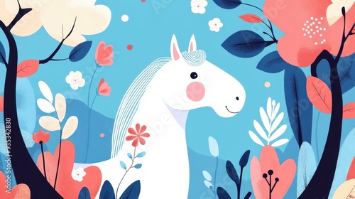 A charming white horse stands by a vibrant flowering tree, set against a serene blue backdrop, in a playful illustration.