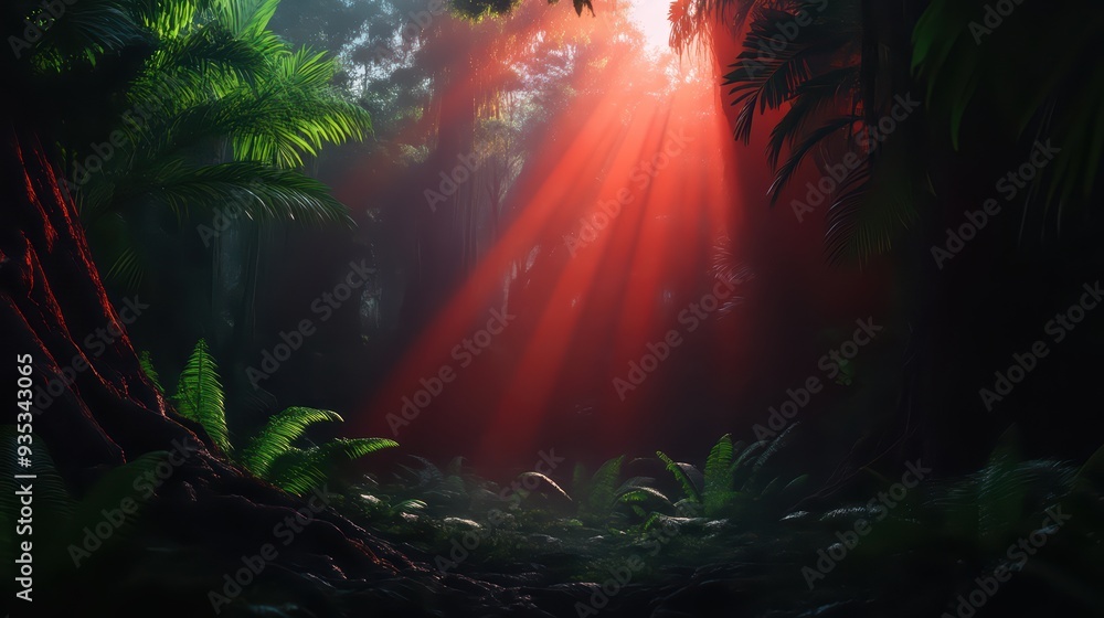 Fototapeta premium Sunlight pierces through the dense forest canopy, illuminating lush green foliage and creating a peaceful, enchanting atmosphere.