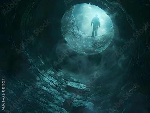 Ghostly Figure Floating Above an Ancient Mysterious Well in a Dark Eerie Ethereal Tunnel photo