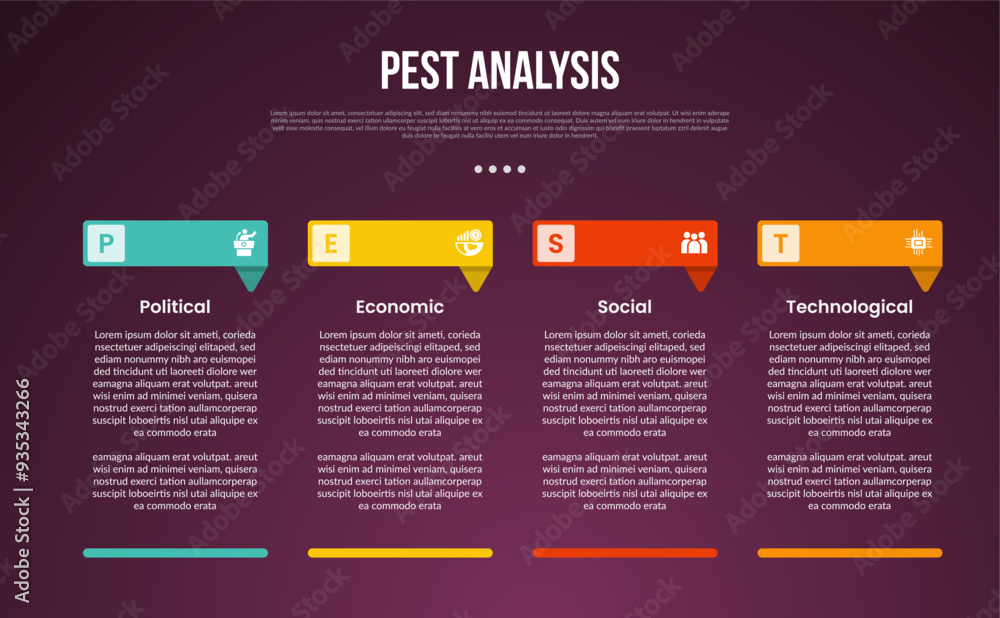 PEST analysis infographic template with dark gradient background style with creative header table with footer 4 point for slide presentation PEST analysis infographic template with dark gradient background style with creative header table with footer 4 point for slide presentation