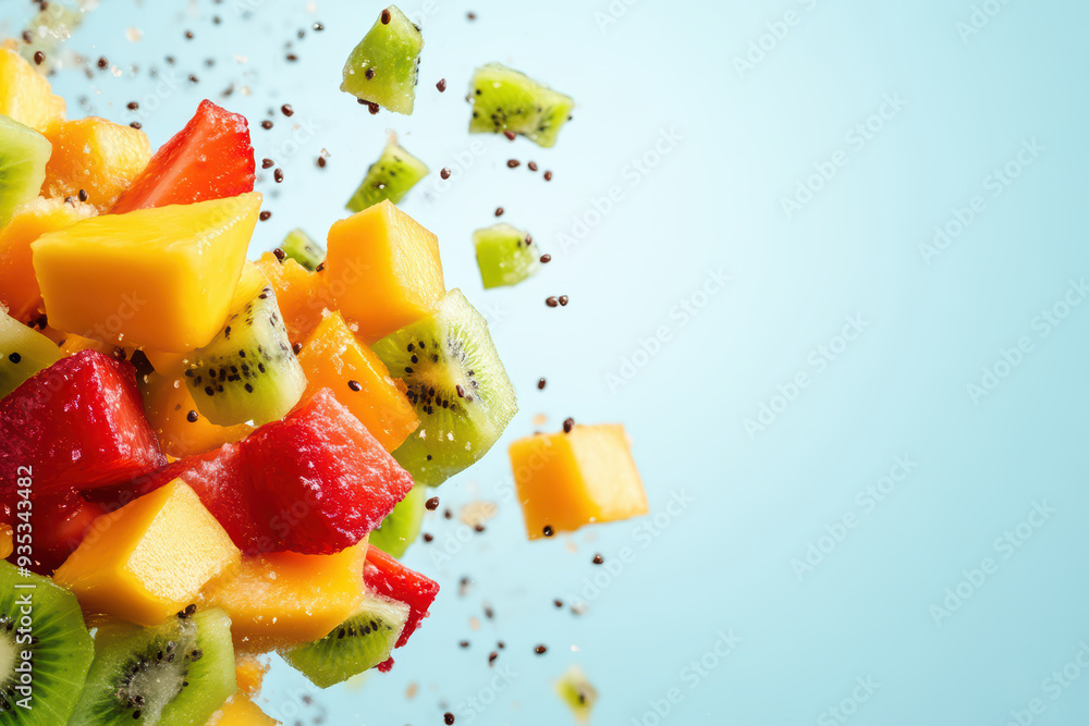 Vibrant and fresh fruit salad bursting with colors, featuring mango, kiwi, strawberry, and green apple on a bright background. Vibrant and fresh fruit salad bursting with colors, featuring mango, kiwi, strawberry, and green apple on a bright background.
