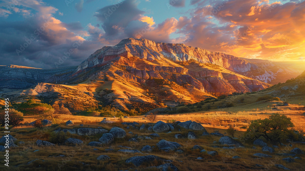 Fototapeta premium a plateau mountain glowing in the golden light of a setting sun