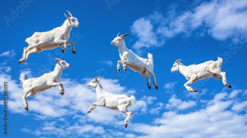 Five White Goats Leaping Against a Blue Sky with Clouds photo