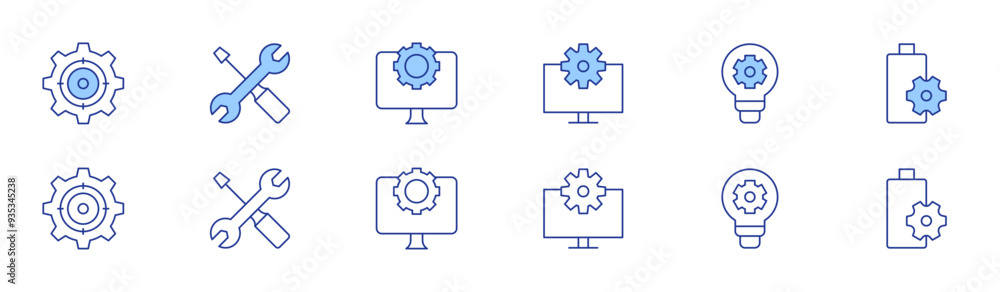 Setting icon set in two styles, Duotone and Thin Line style. Editable stroke. setting, idea, power settings, settings, tools, computer Setting icon set in two styles, Duotone and Thin Line style. Editable stroke. setting, idea, power settings, settings, tools, computer