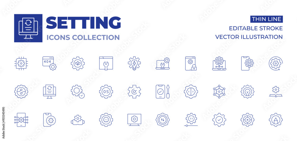 Setting icons collection. Thin Line icons, editable stroke. digitalization, data processing, easy installation, operating system, settings T, settings, optimization, repair Setting icons collection. Thin Line icons, editable stroke. digitalization, data processing, easy installation, operating system, settings T, settings, optimization, repair