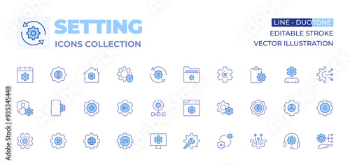 Setting icons collection. Line Duotone style, editable stroke. settings, privacy, artificial intelligence, network, smartphone, cogwheel, globe, web maintenance, operating system, setting