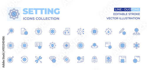 Setting icons collection. Line Duotone style, editable stroke. management, account, setting, settings, restore settings, target, development, agenda, goal, cogwheel, clock