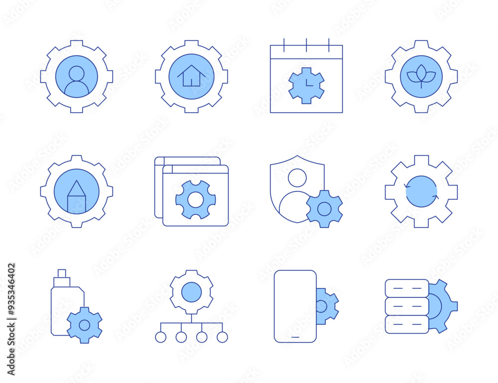 Setting icons. Line Duotone style, editable stroke. user, settings, privacy, time management, smartphone, data storage, gear, process Setting icons. Line Duotone style, editable stroke. user, settings, privacy, time management, smartphone, data storage, gear, process