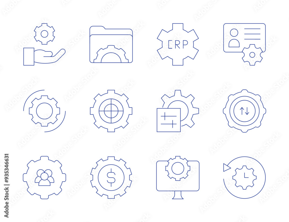 Setting icons. Thin Line style, editable stroke. gear, settings, teamwork, account, setting, restore settings, target, folder, money management, erp, computer Setting icons. Thin Line style, editable stroke. gear, settings, teamwork, account, setting, restore settings, target, folder, money management, erp, computer