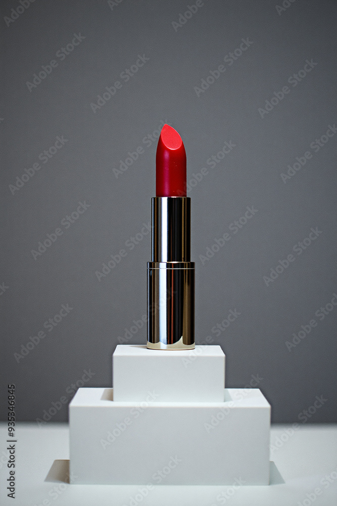 Professional mockup product photography of a red lipstick standing on a white paper block Professional mockup product photography of a red lipstick standing on a white paper block