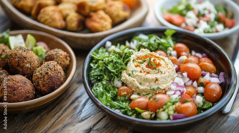 Hummus and Tomato Salad with Falafel. Hummus and Tomato Salad with Falafel.