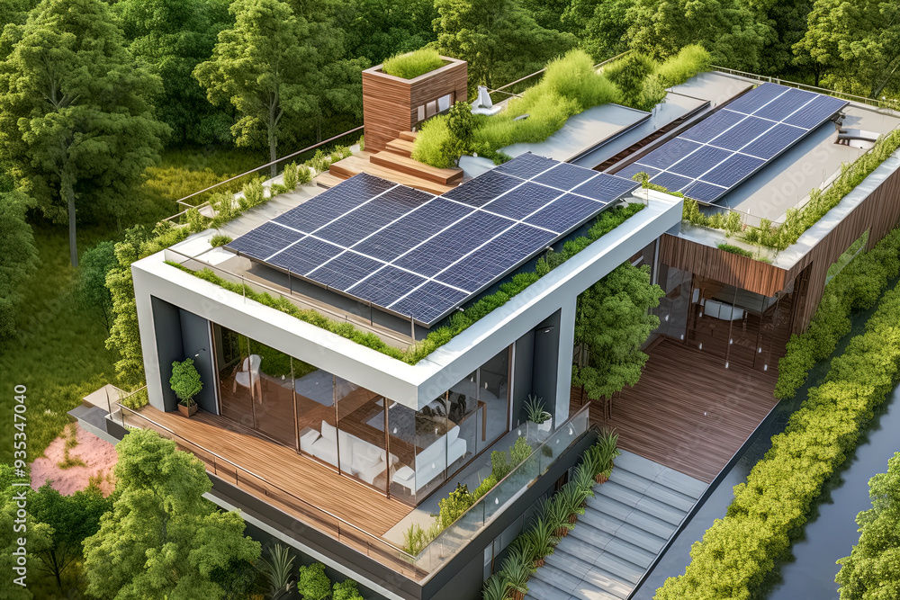 Haus mit einer Photovoltaikanlage auf dem Dach, Generative AI